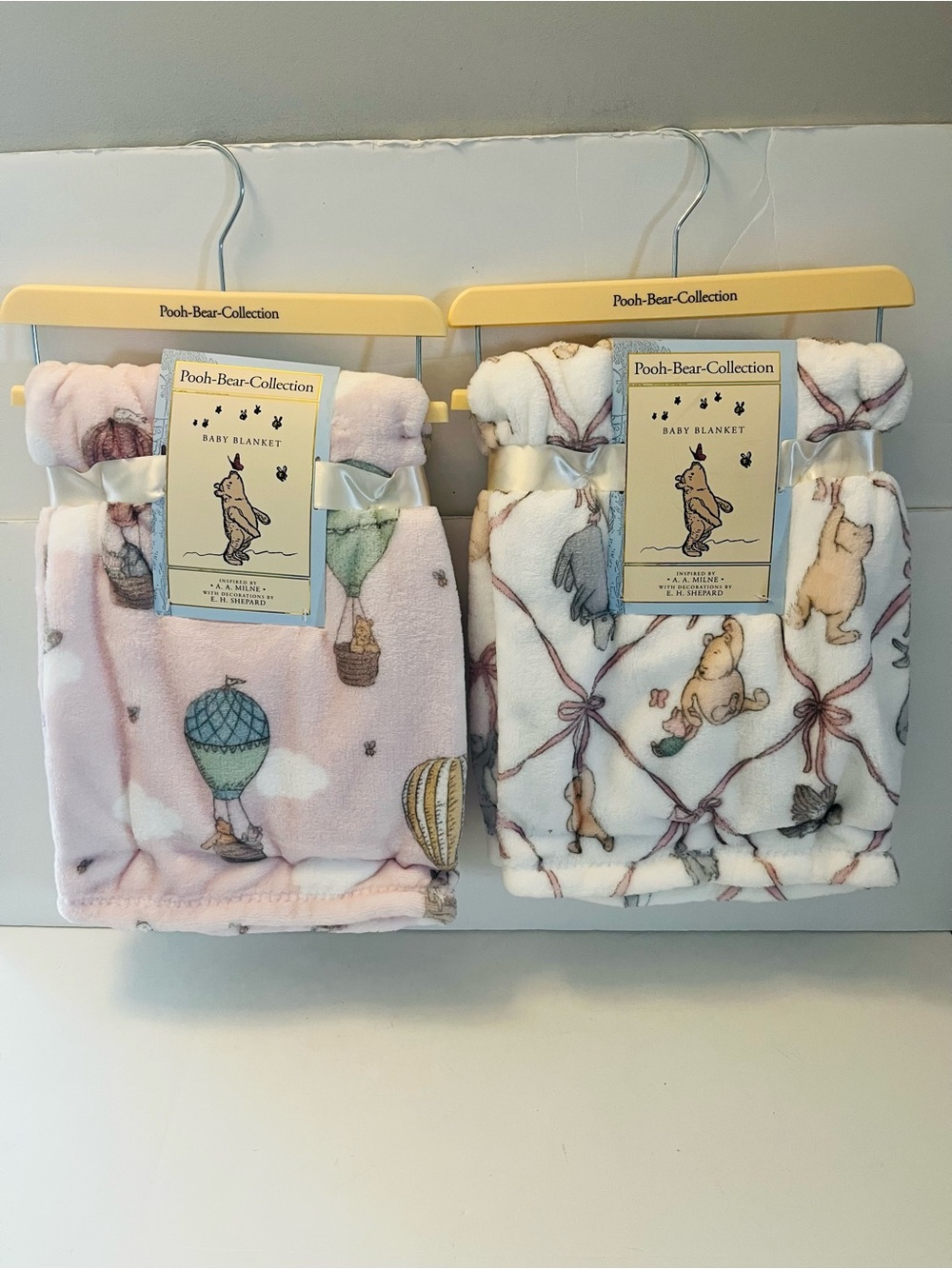 Winnie the Pooh Bear Collection Lot of 2 Baby Blankets Pink Hot Air Balloons Bow